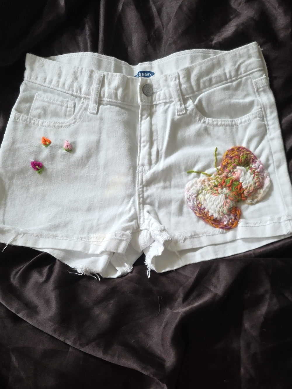 Old Navy White Denim Shorts with Multicolor Crochet Butterfly